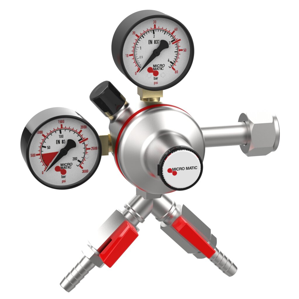 1次減圧弁 / 2口独立圧力調整式 / 0-60 PSI / 4ゲージ付き